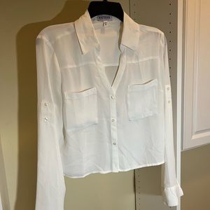 Express Cropped Ivory Sheer Button Top: Size: Medium